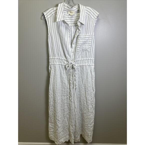 Maeve Pants - Anthropologie Maeve Crop Wide-Leg Shirting Jumpsuit M Ivory Black Stripes Preppy